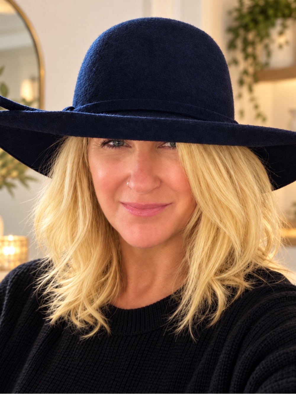 Navy 100% Wool Wide Brim Floppy Hat Boho Fall Winter Style